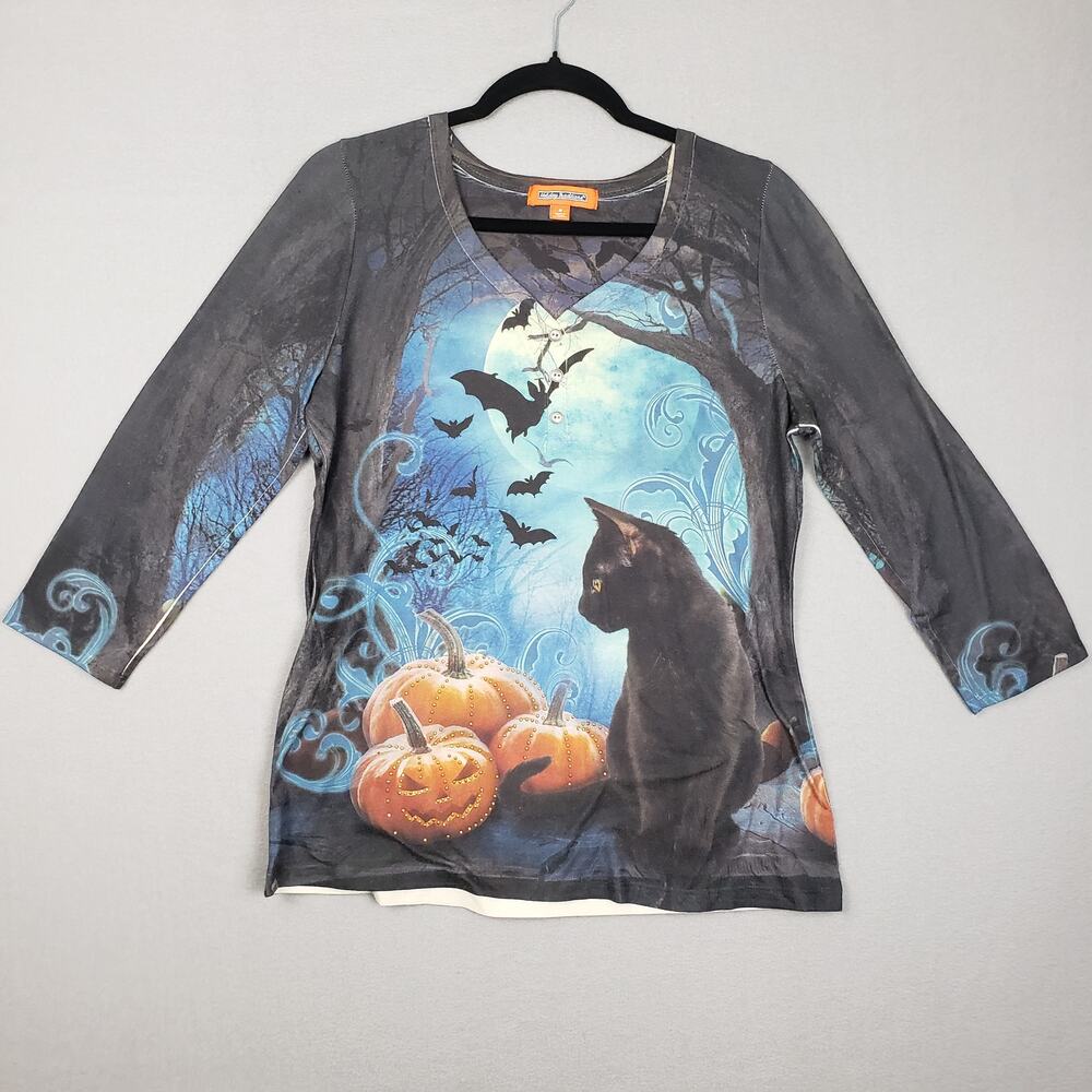 Holiday Traditions Size M Halloween‎ AOP Top Black Cat Pumpkin Bats Spooky Scary